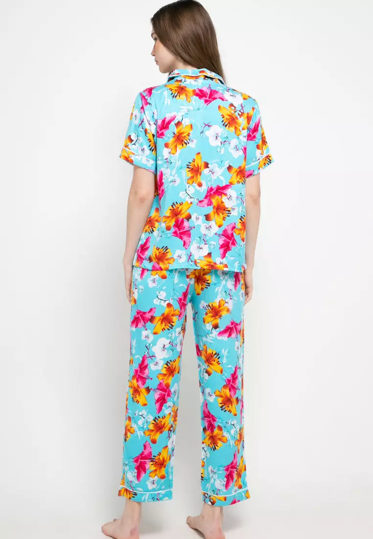 Pyjama Baju Tidur Set  Short  Sleeve  Long Pants Satin Sleepwear