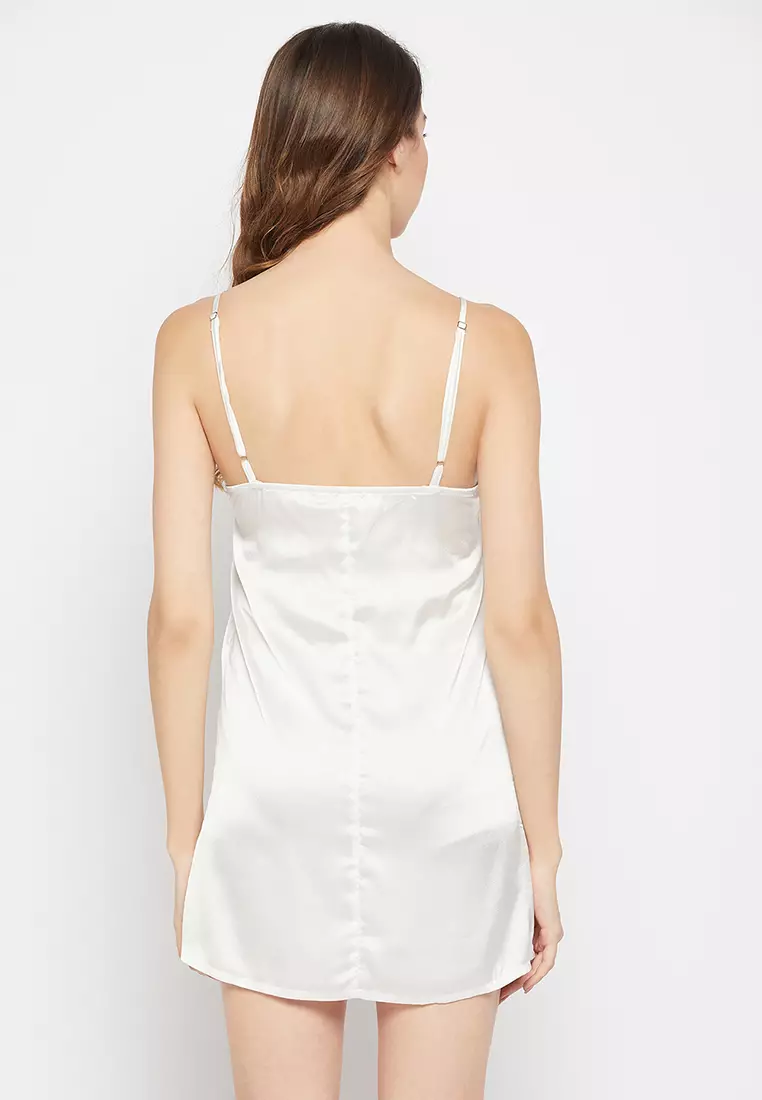 Clovia Chic Basic Short Night Dress & Pretty Florals Robe Set in White - Satin