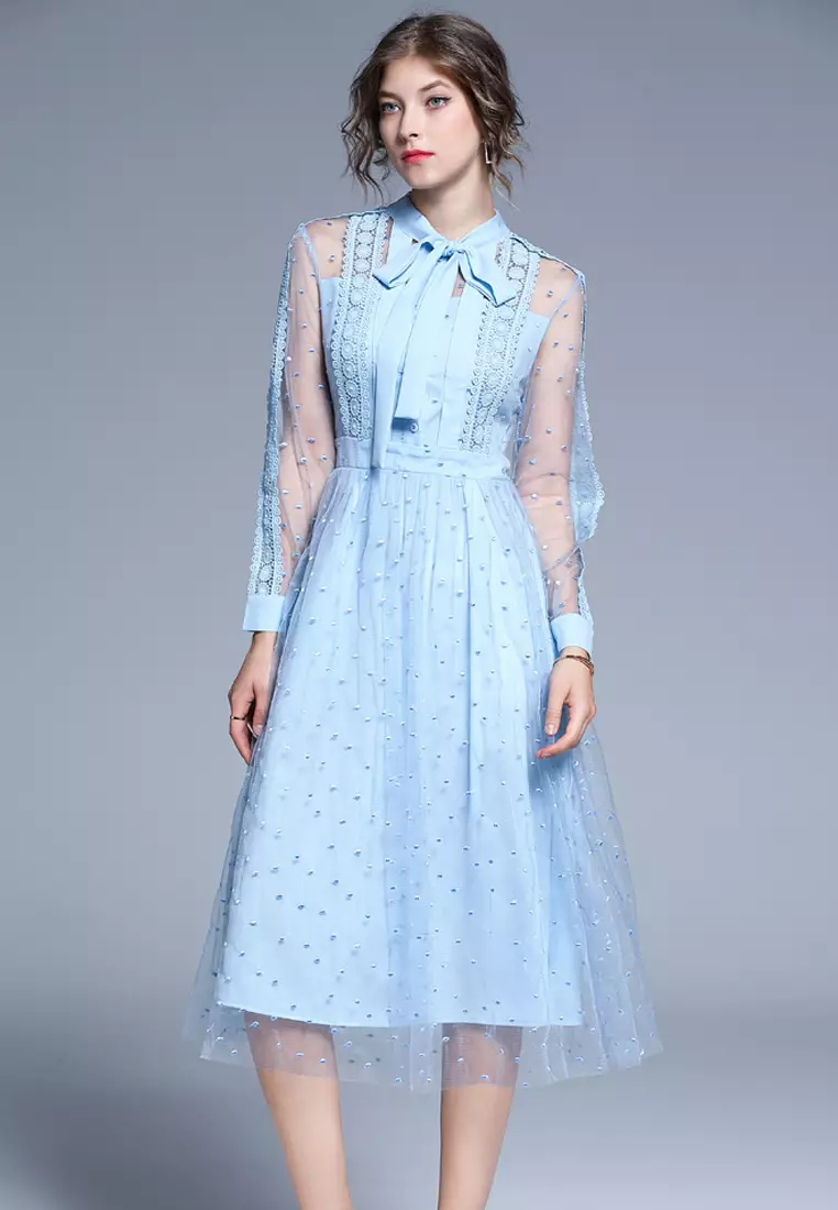 Light Blue See Through Sleeves One Piece Dress A091045