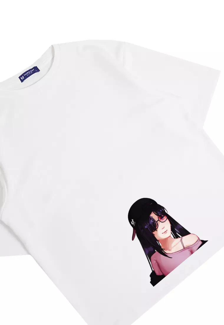 MTO67 kaos oversize gambar wanita wajah anime kartun manga bahan scuba tebal distro third day putih