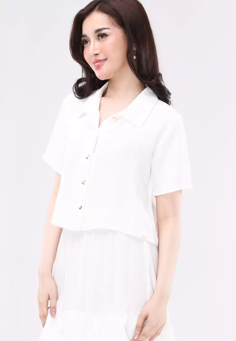 Linen Wrinkles Short Sleeves Blouse/Skirt