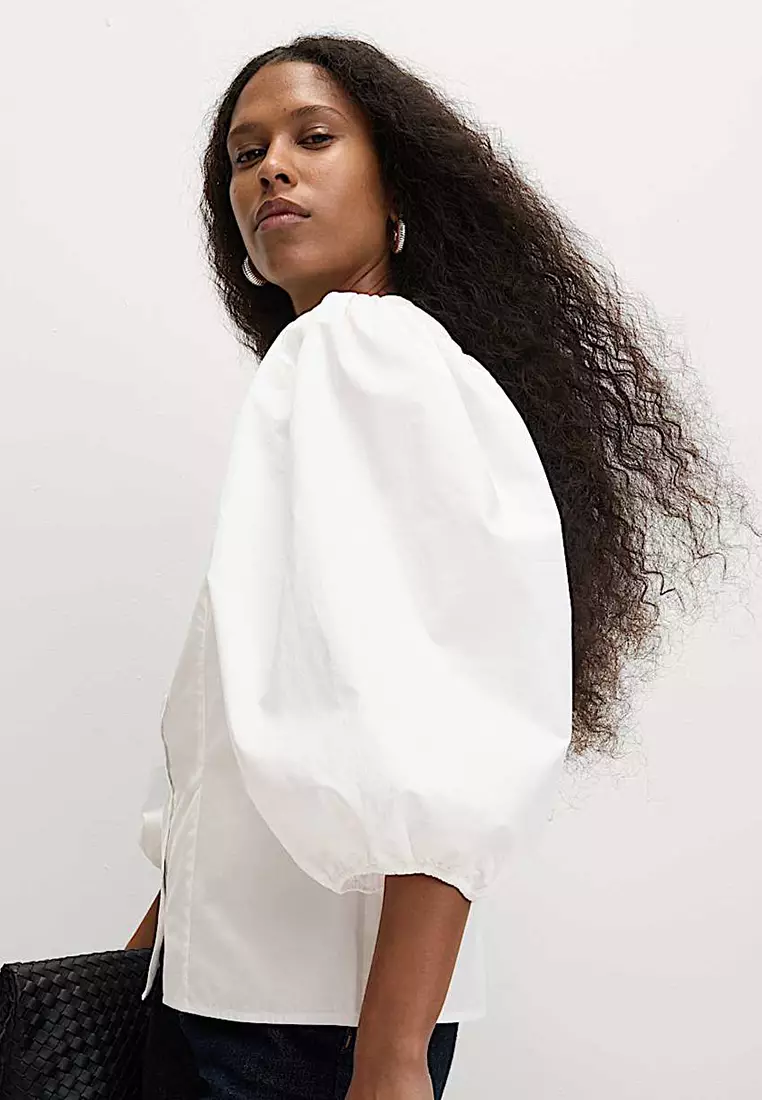 Pure Cotton Puff Sleeve Button Through Blouse