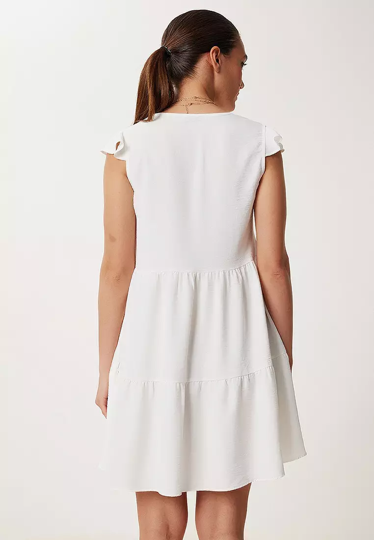 V Neck Flared Textured Mini Knitted Dress