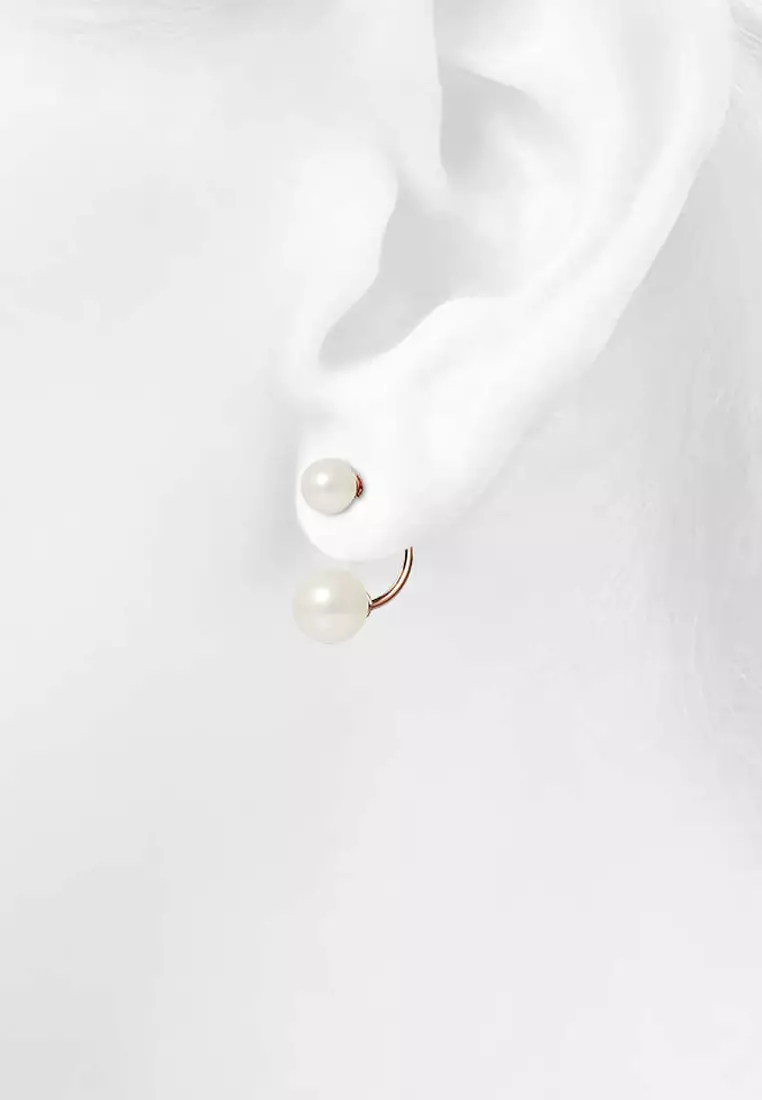 Rose Gold Duo Pearl Stud Earrings Embellished with SWAROVSKI® Crystal Pearl