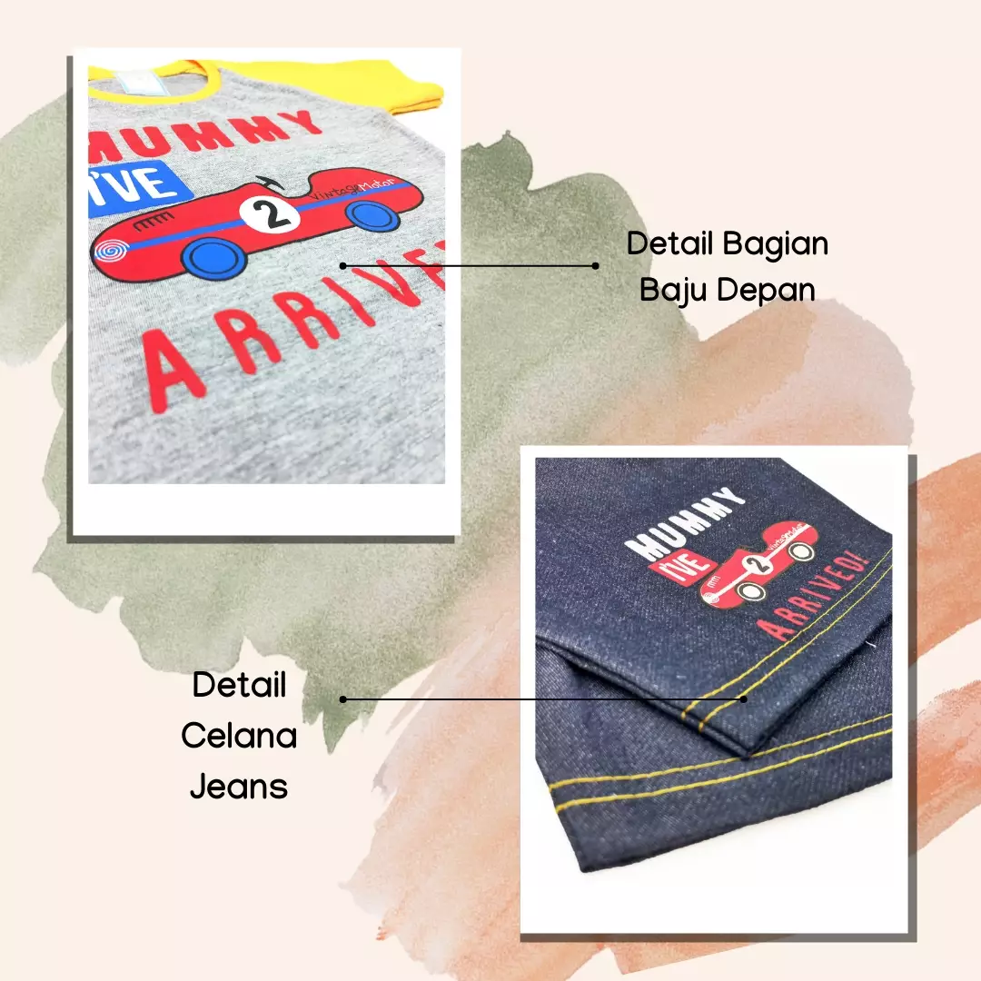 Wakakids Baju Bayi Anak Laki Laki Lengan Pendek Usia 6 Bulan Hingga 12 Bulan Setelan Celana Jeans Motif Car 3424 Kuning