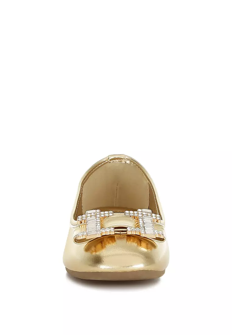 Rhinestone Buckle Metallic Ballerinas in Gold