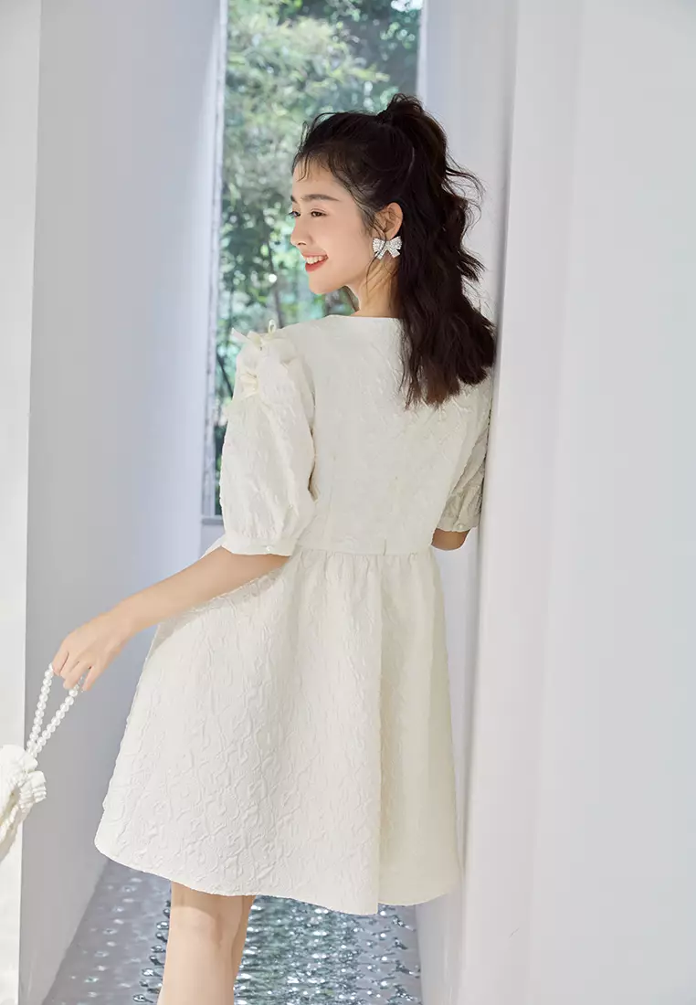 Square Neck Embossed Babydoll Dress