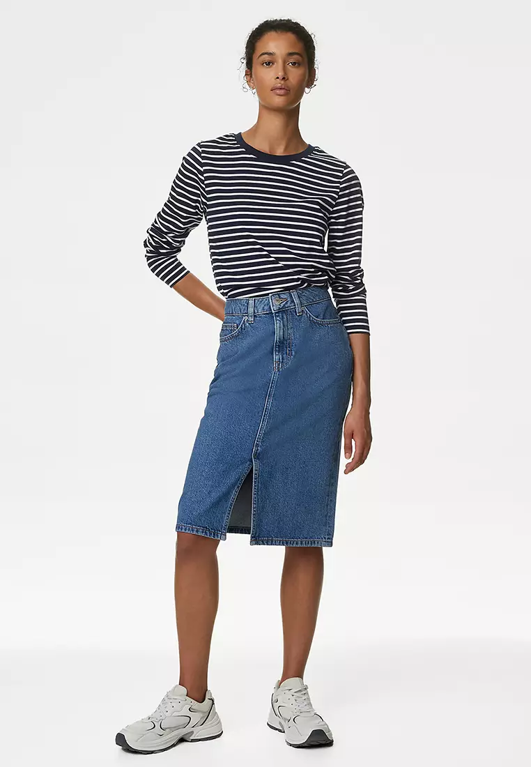 Denim Split Front Knee Length Skirt