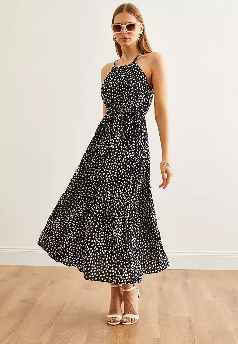 Halter Neck Belted Woven Viscose Dress