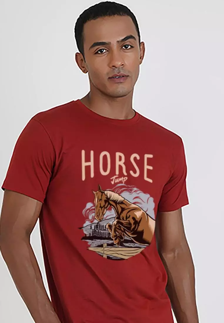 Horse Jumping Graphic Maroon Cotton Short Sleeve Relaxed Tee