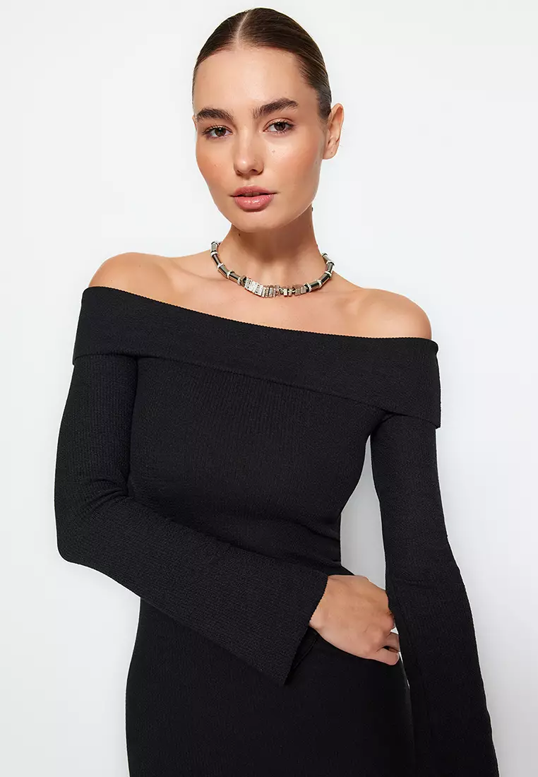Fitted Off Shoulder Midi Dress