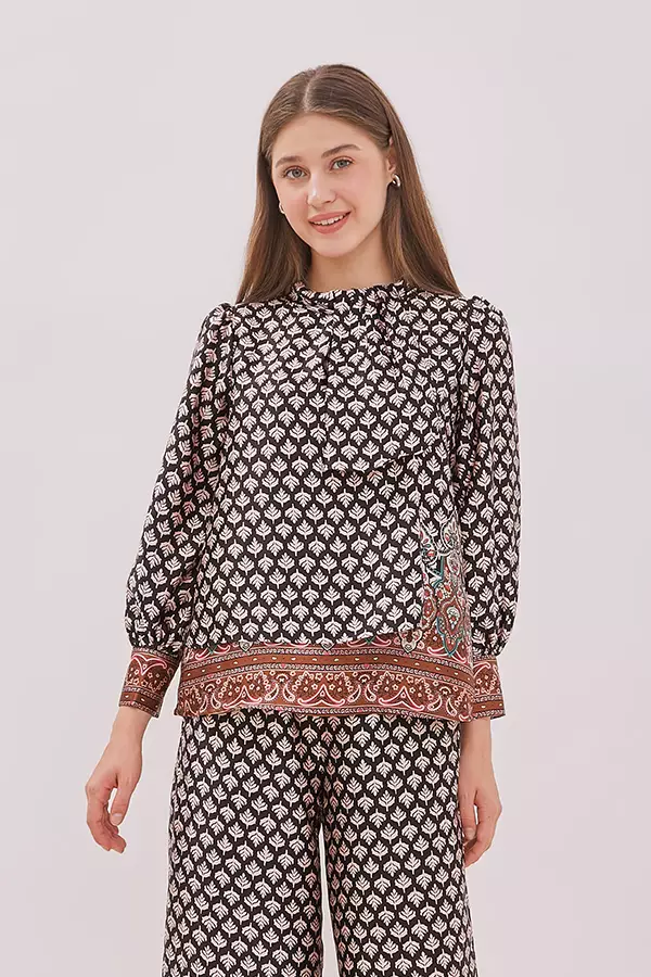 MINIMAL - Donna - Blus Motif Bunga Kerah Payet - Brown Warna Brown