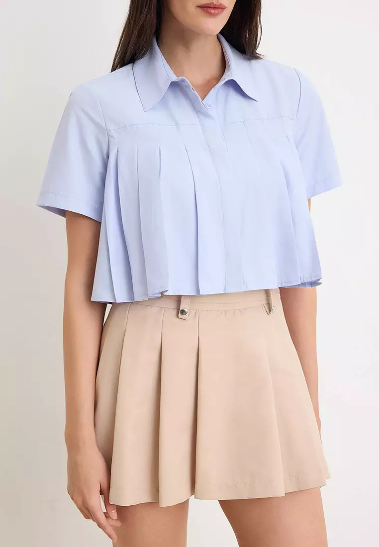Blue Crop/Short Cut Pleated Shirt Twoss26Go161