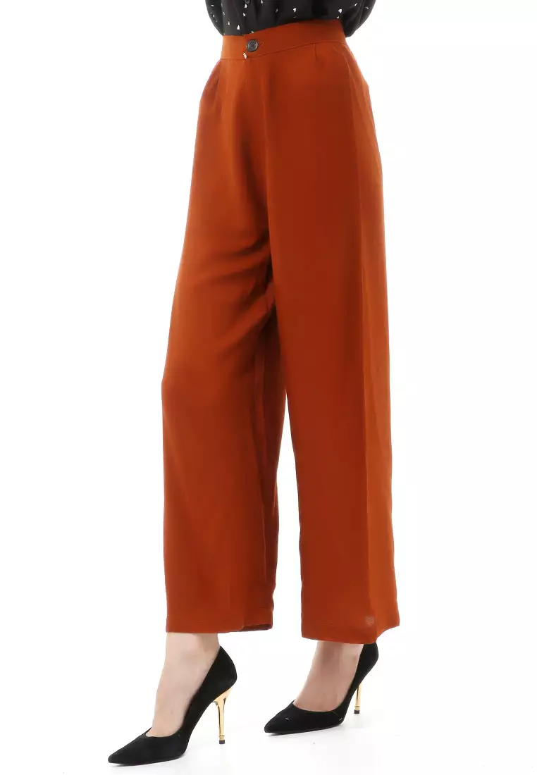Jourel Celana Panjang Kasual Kulot Highwaist Wanita Style Kancing Resleting Material Rayon ORIGINAL - Copper Chocolate