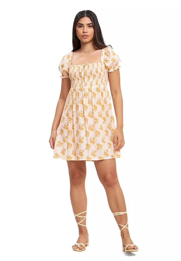 Block Print Smocked Babydoll Dress