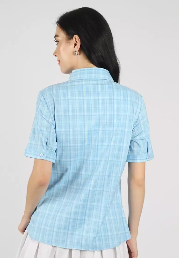 Kemeja Lengan Pendek Pierre Cardin Wanita Ellie Plaid Blue