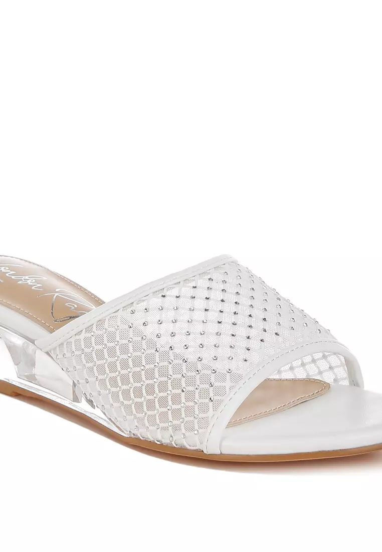 Sandal wedges hak bening berbahan jaring warna putih