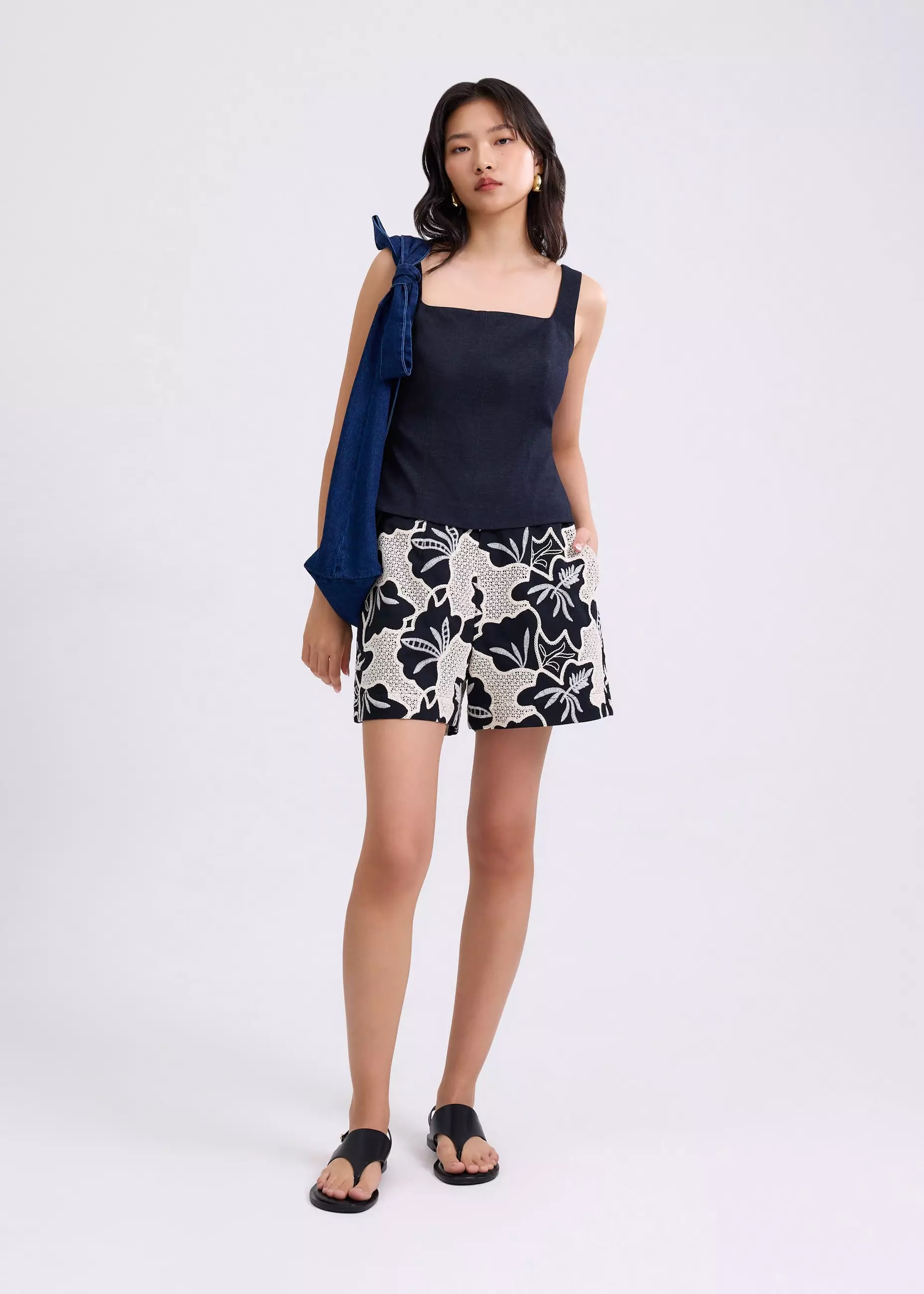 Celana Pendek Wanita - High Waist A-line Tailored Shorts in Midnight Blooms Broderie