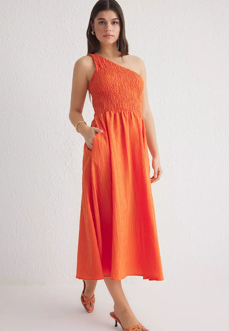 Orange Plain Midi Woven Dress