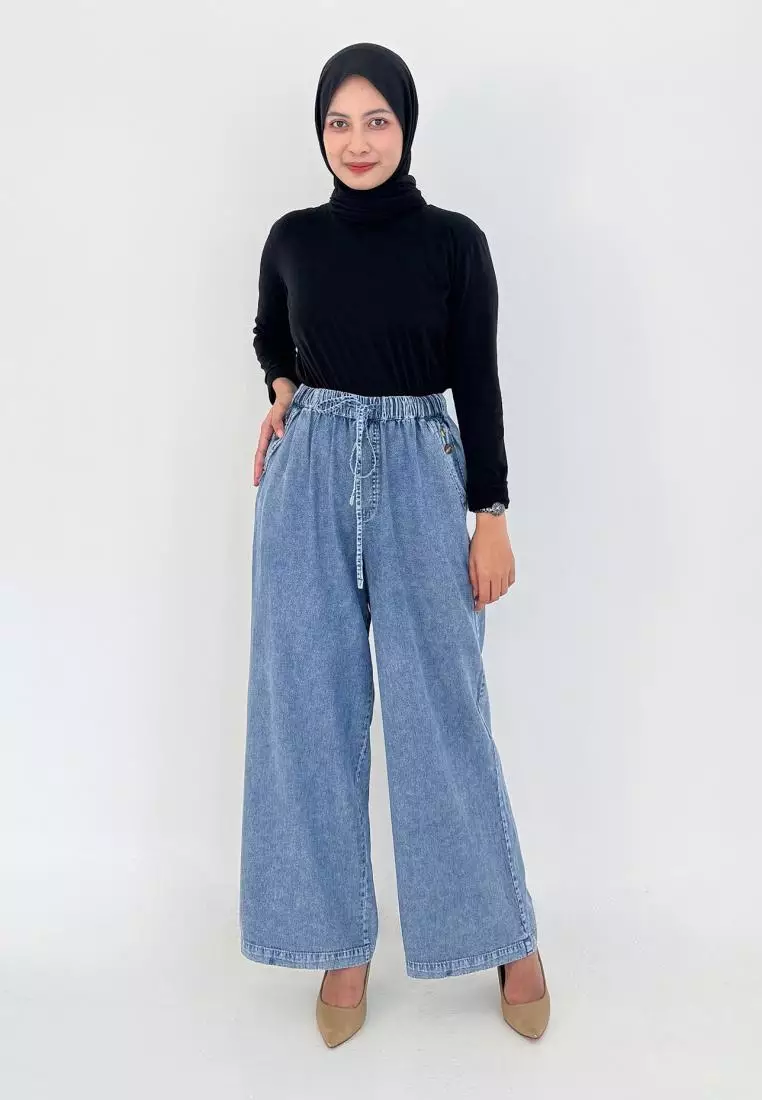 Palazzo Soft Jeans Emy - Celana Kulot Pinggang Karet