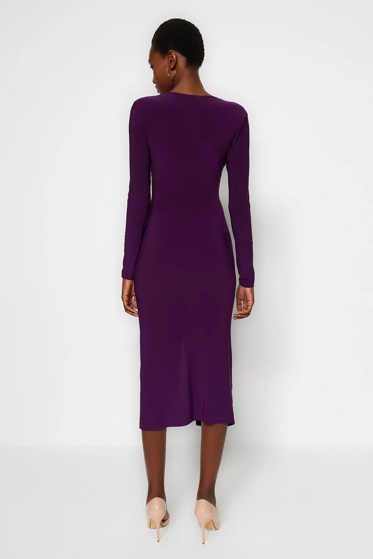 Plum Draped V Neck Fitted Flexible Midi Knitted Dress