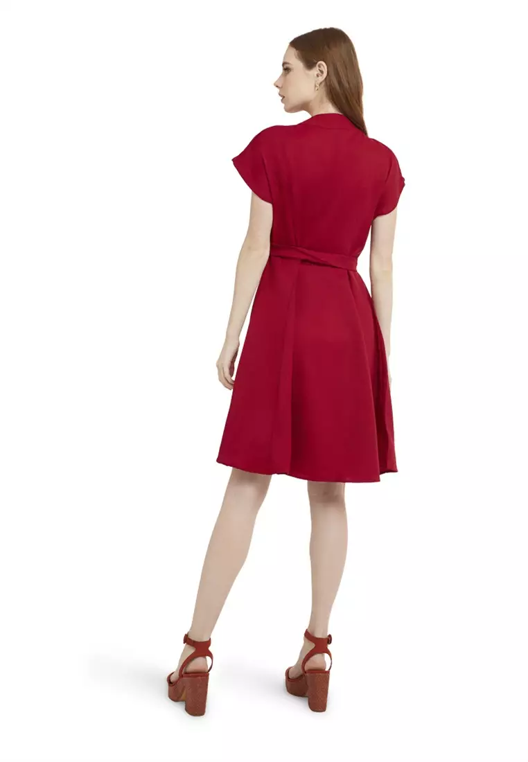 Mini Dress Kasual Lengan Pendek Collar Neckline Baju Wanita Regular Fit - Maroon