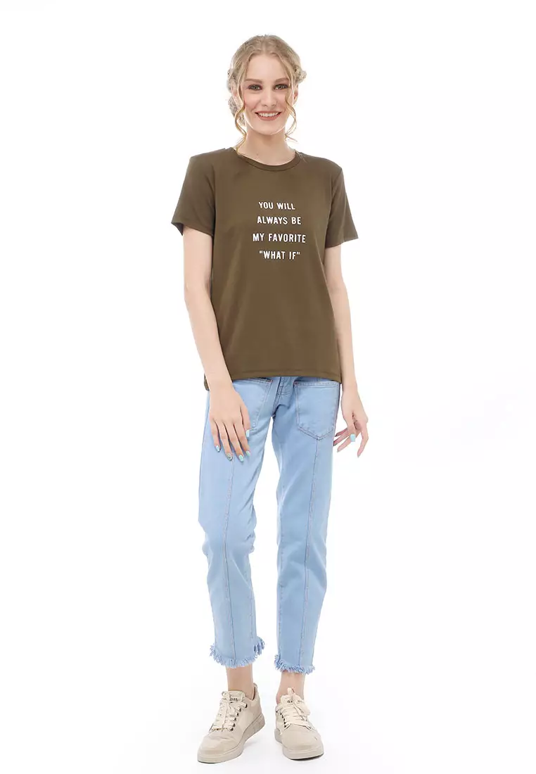 Genevie Kaos Kasual Wanita Lengan Pendek You Will Be Material Cotton ORIGINAL - Army Green