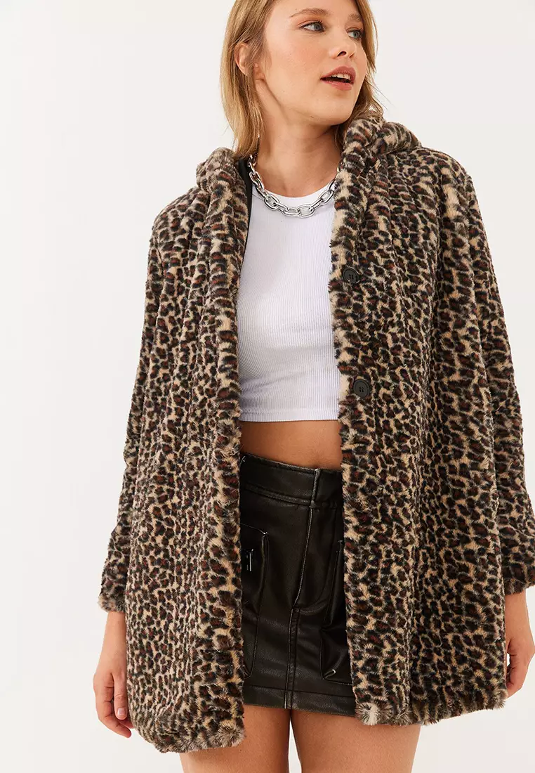 Women's Lined Hooded Leopard Patterned Fur 2457 60251827