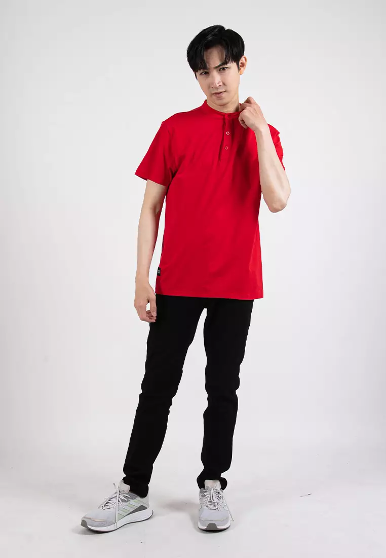 Forest Premium Weight Cotton Stretchable Mandarin Collar T Shirt Men Slim Fit Tee | 23856-51Red
