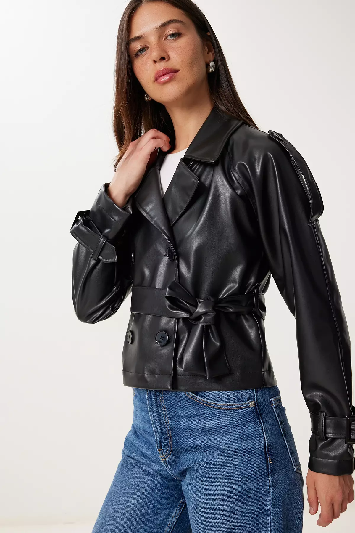 Buy Happiness Istanbul Women's Black Belted Faux Leather Jacket