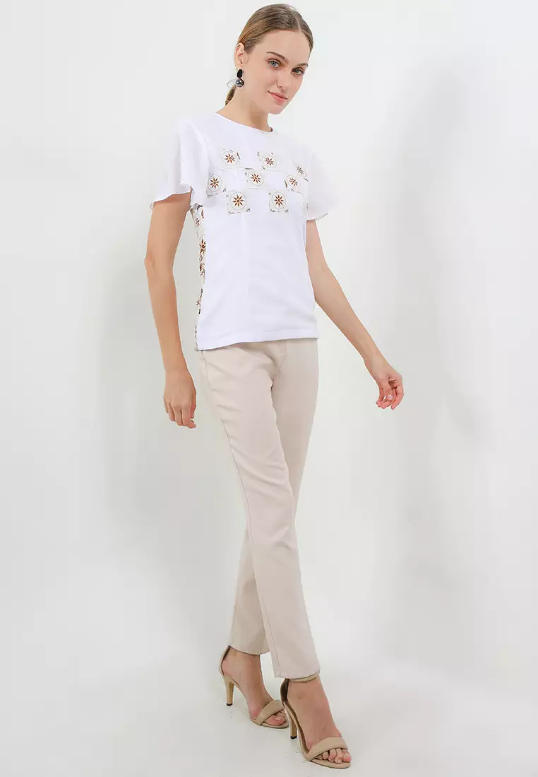 Blouse Atasan Basic Batik Wanita Mara Putih Lengan Pendek