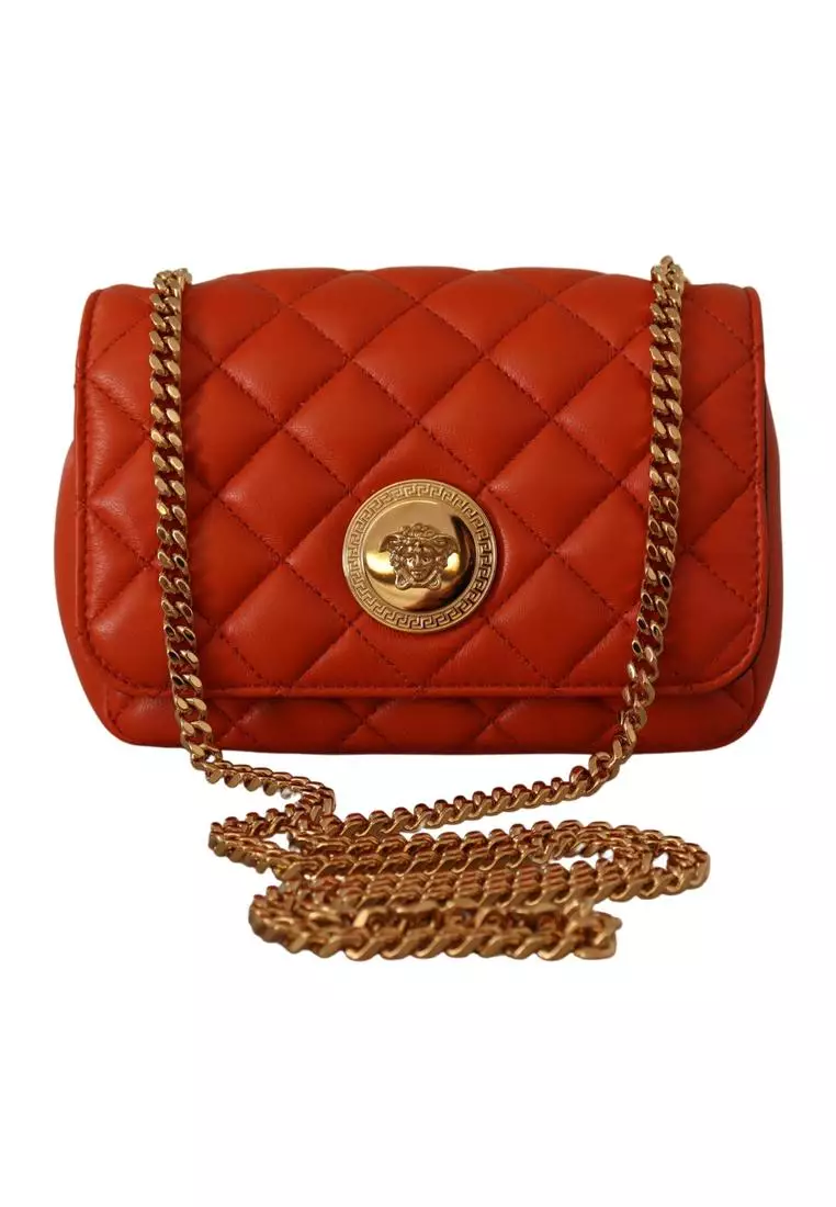 Versace Red Calf Leather Round Disc Shoulder Women's Bag