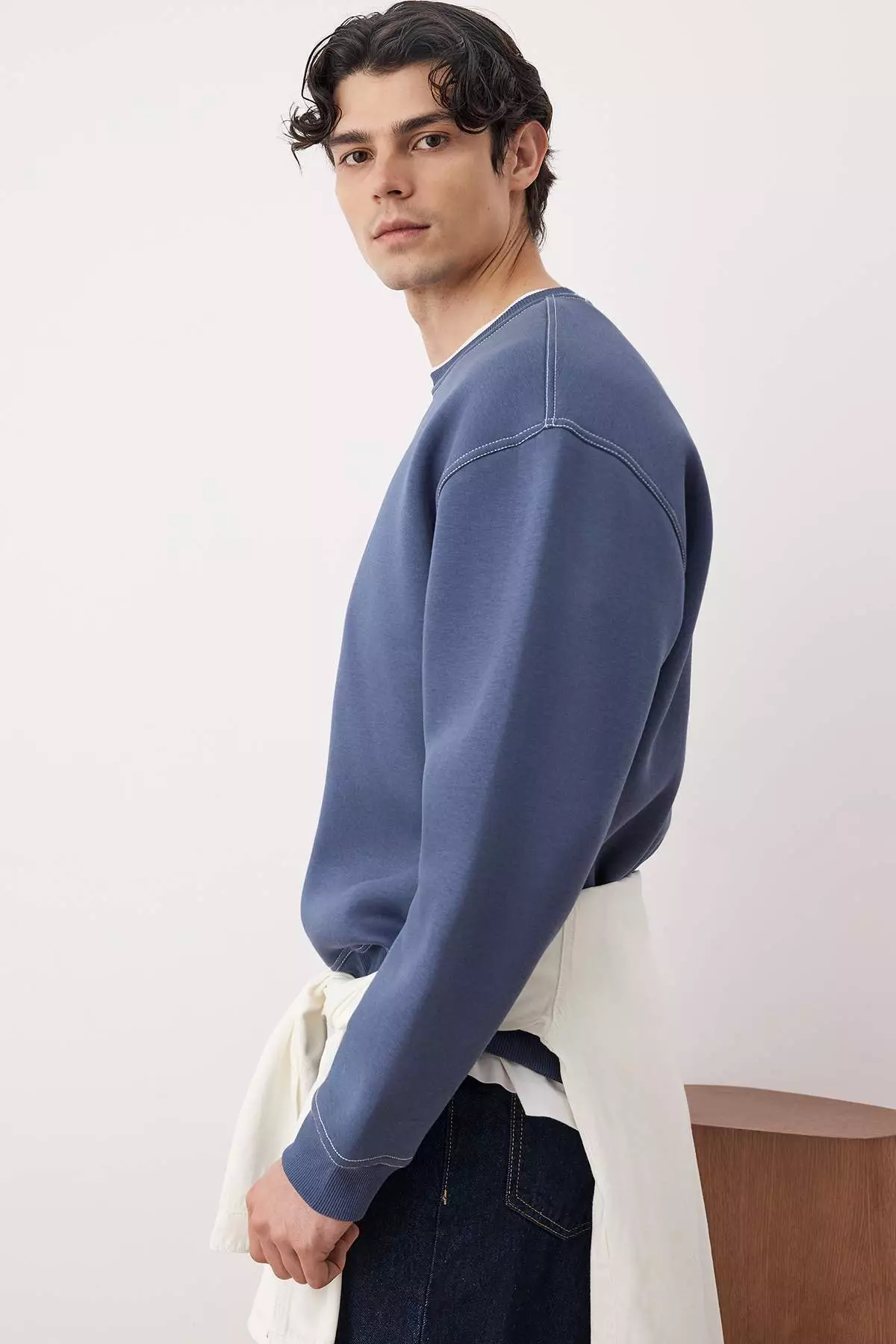 Pale Indigo Oversize/Wide Cut Contrast Stitch Detail Crew Neck Sweatshirt