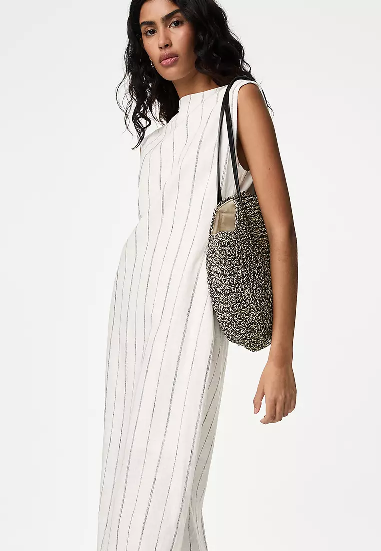 Linen Blend Striped Midaxi Bodycon Dress