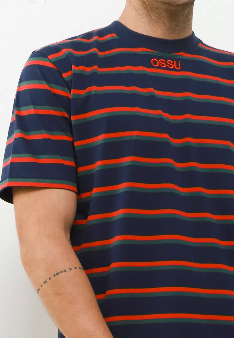 Ossu Kaos Salur  Stripe T-shirt Navy Bordir Kaos Garis Garis