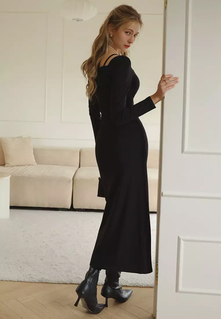 Square Neck Long Sleeves Midi Dress