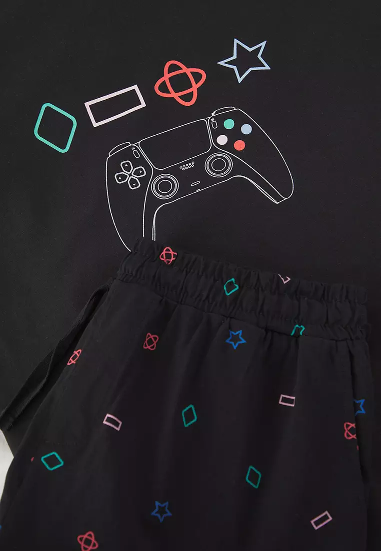 Black Regular Game Printed Knitted Shorts Pajama Set TMNSS25PT00077