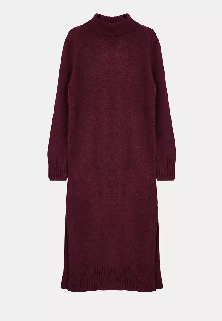 Burgundy Midi Wide Fit Soft Texture Knitwear Dress