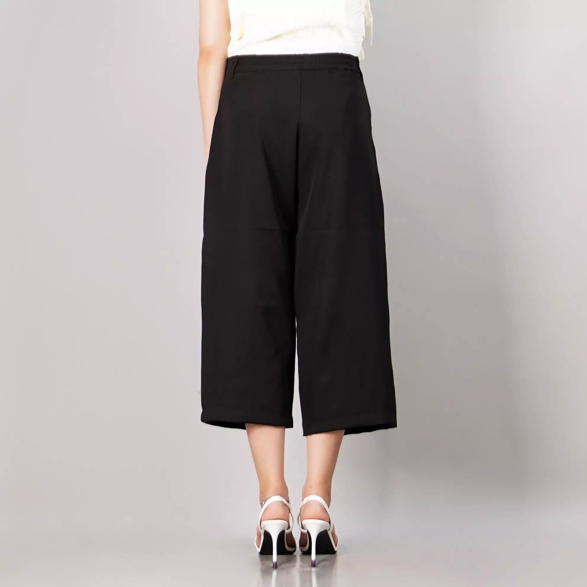 MONICA Celana Cropped Wide Leg Celana Wanita 3/4 Celana High Waist Wide Leg Pants - HITAM