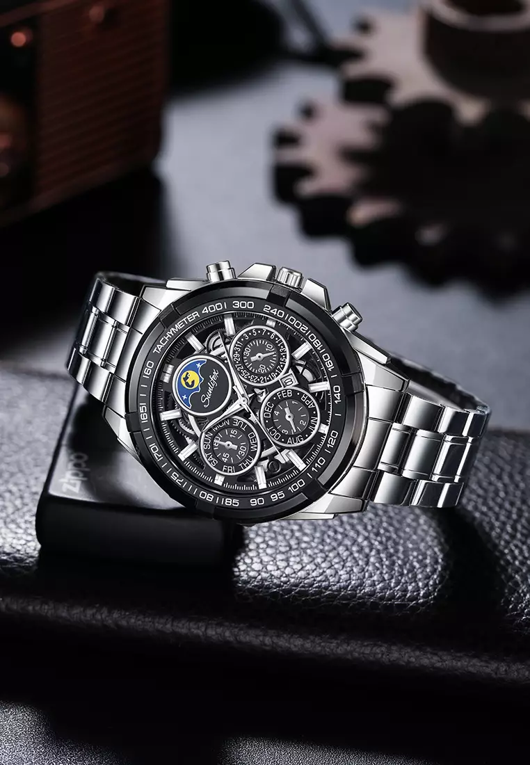 Jam Tangan Pria Bercahaya Kalender Kasual Jam Tangan Cowok Kuarsa Original Tali Stainless Steel Anti Air silverblack