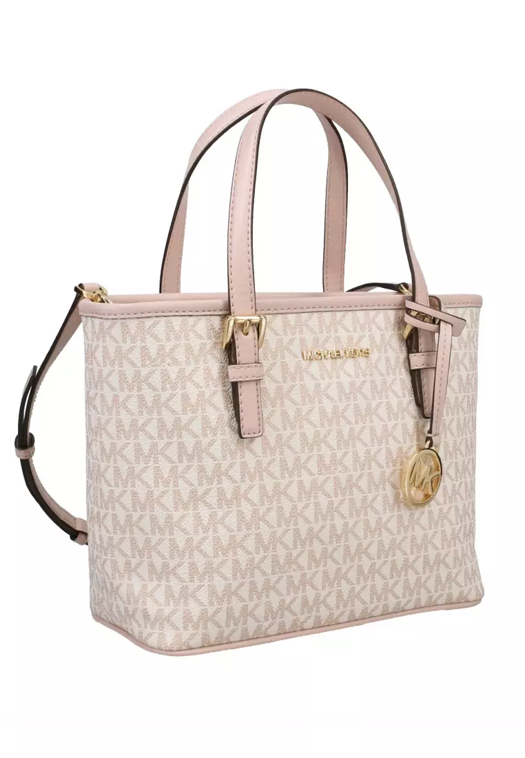 Michael kors jet set travel medium sales carryall tote vanilla mk stripe ballet pink