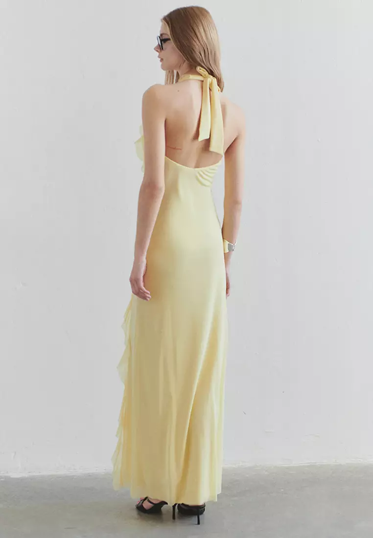 Limited Edition Light Yellow Ruffled Lined Tulle Evening Prom Dress TPRSS25AE00063