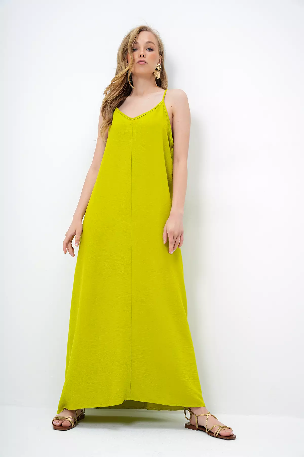 Women's Oil Green Adjustable Strap V-Neck Aerobin Summer Dress Alc-X14067