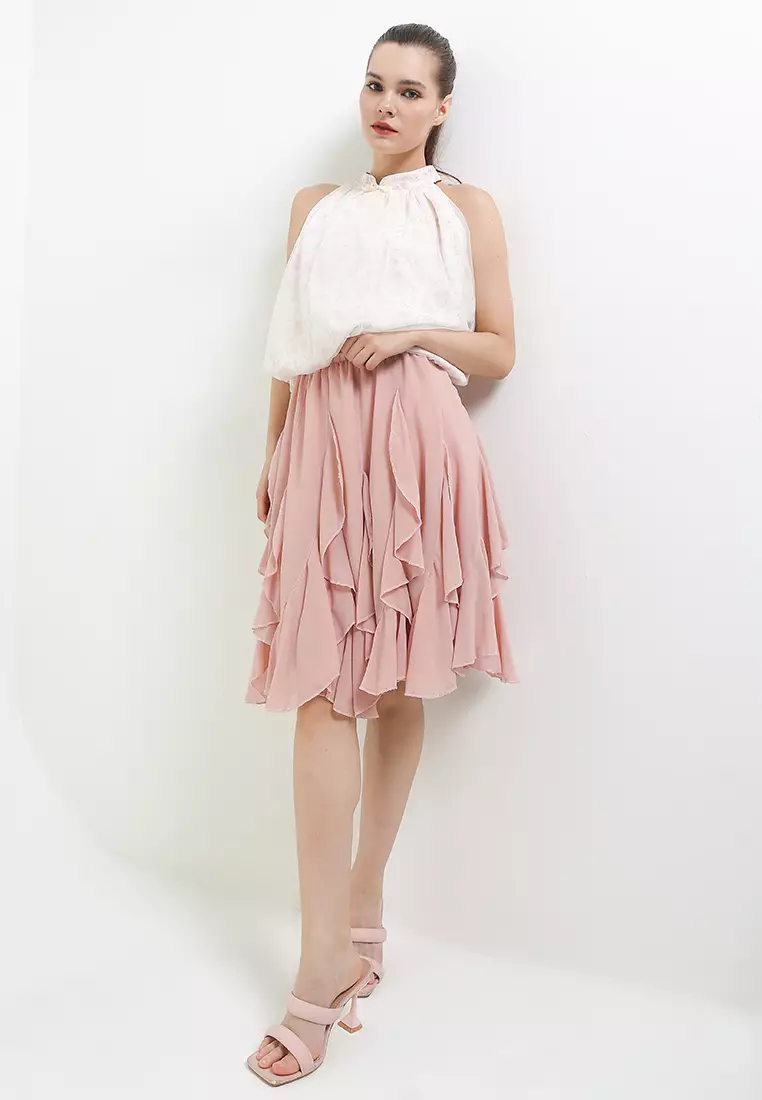 Balloon Hem Flo Print Halter Qipao Top Lined W/ Tulle