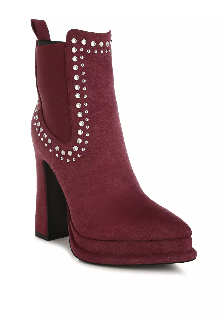 Studs Embellished High Ankle Boots in Burgundy