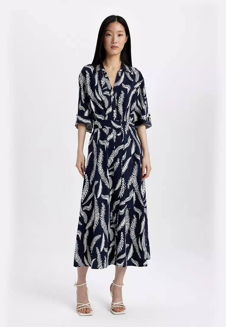 Shirt Collar Patterned Linen Blend Half Sleeve Midi Dress