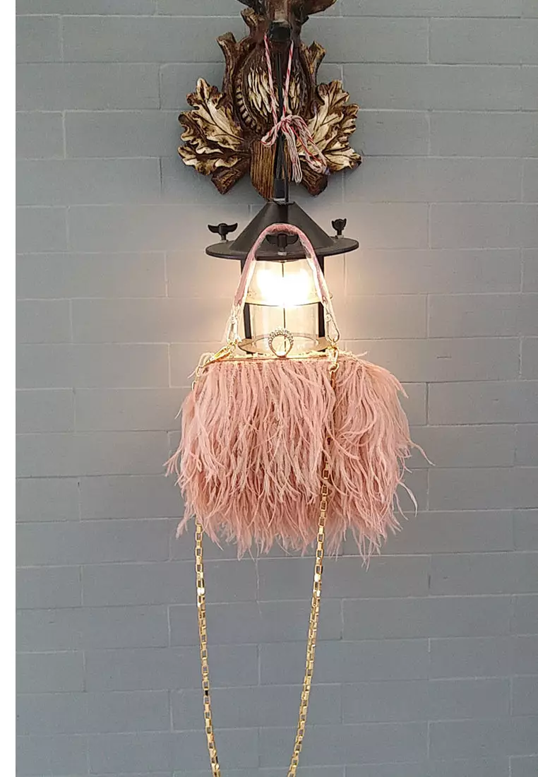 Ostrich Feather Ring Buckle Chain Crossbody Shoulder Small Square Bag