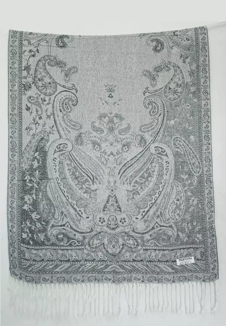 Aksesoris Wanita Reversible Viscose Full Paisley Pattern Pashmina Shawl Syal Wanita Misty Silver