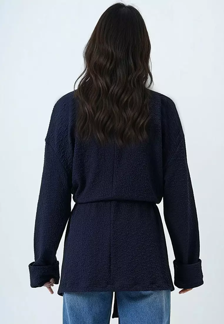 Women's Navy Blue Shawl Collar Self-Textured Belted Long Jacket Alc-X14481