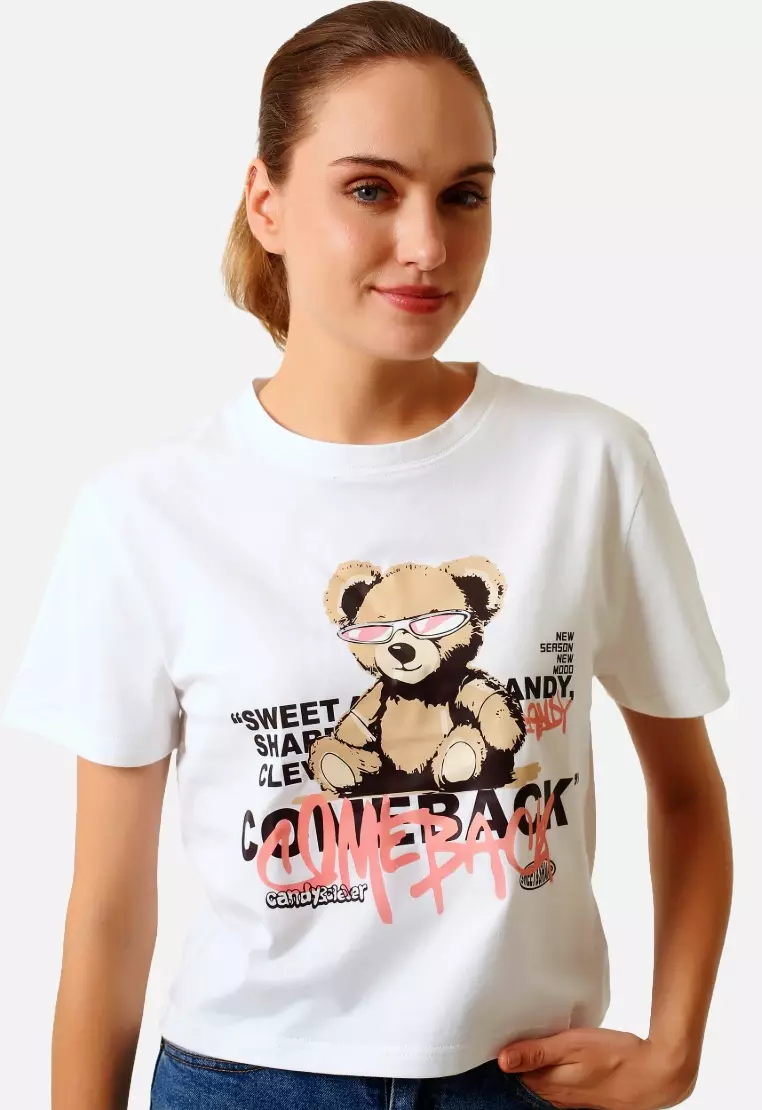 TONIQUE Kaos Crop Wanita Putih MOCCA Women's Cotton Graphic Cropped T-shirt White